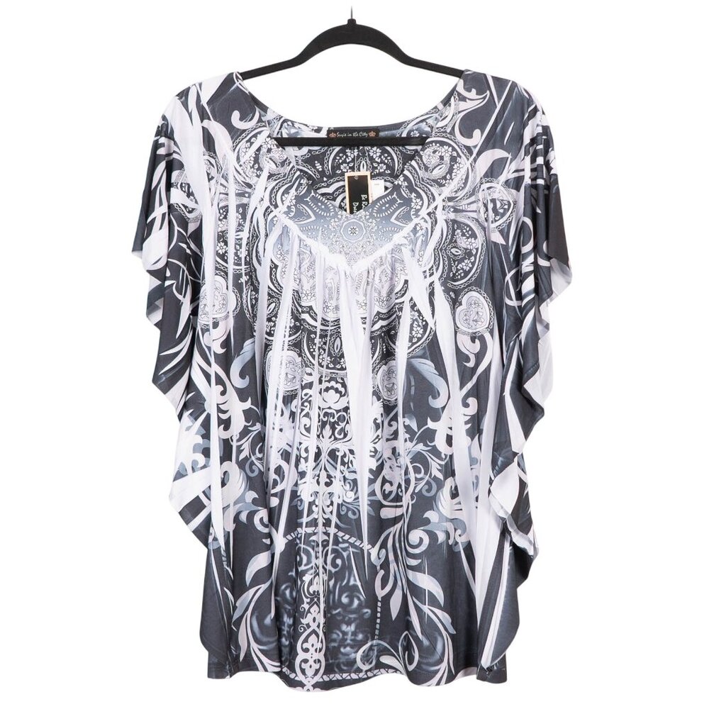 Paisley VNeck Ruffle Blouse XL Black White Shirt Fairy Boho Festival Sublimation
